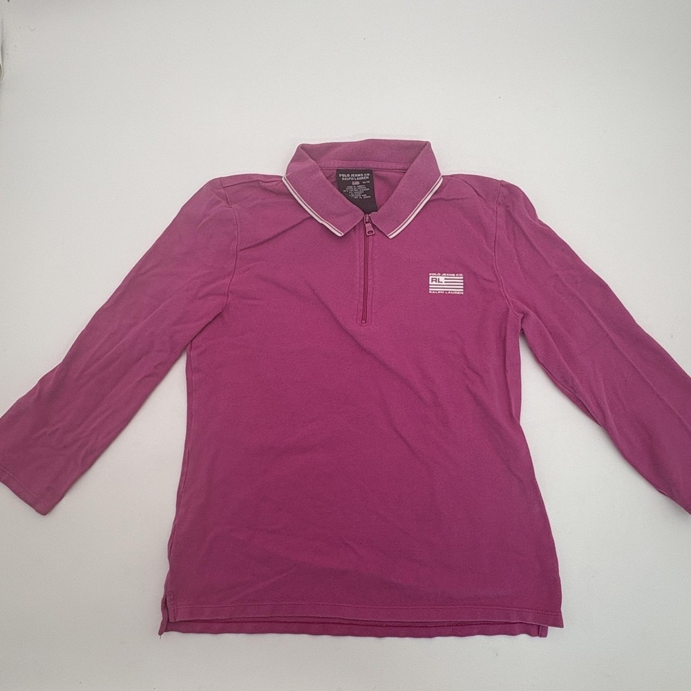 Ralph Lauren Shirt Womens M Pink Polo Jeans 3/4 Sleeve Zip Collar Stretch Top